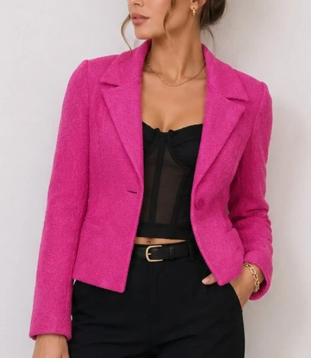 St. John Silk Wool Boucle Knit Single Button Blazer Jacket S/M Pink Preppy
